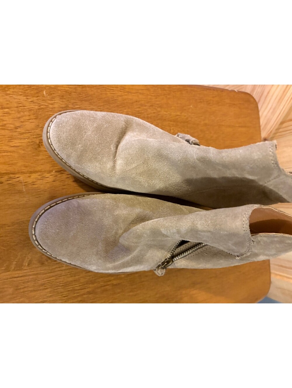Beige Suede Ankle Boots with Side Zipper and Block Heel